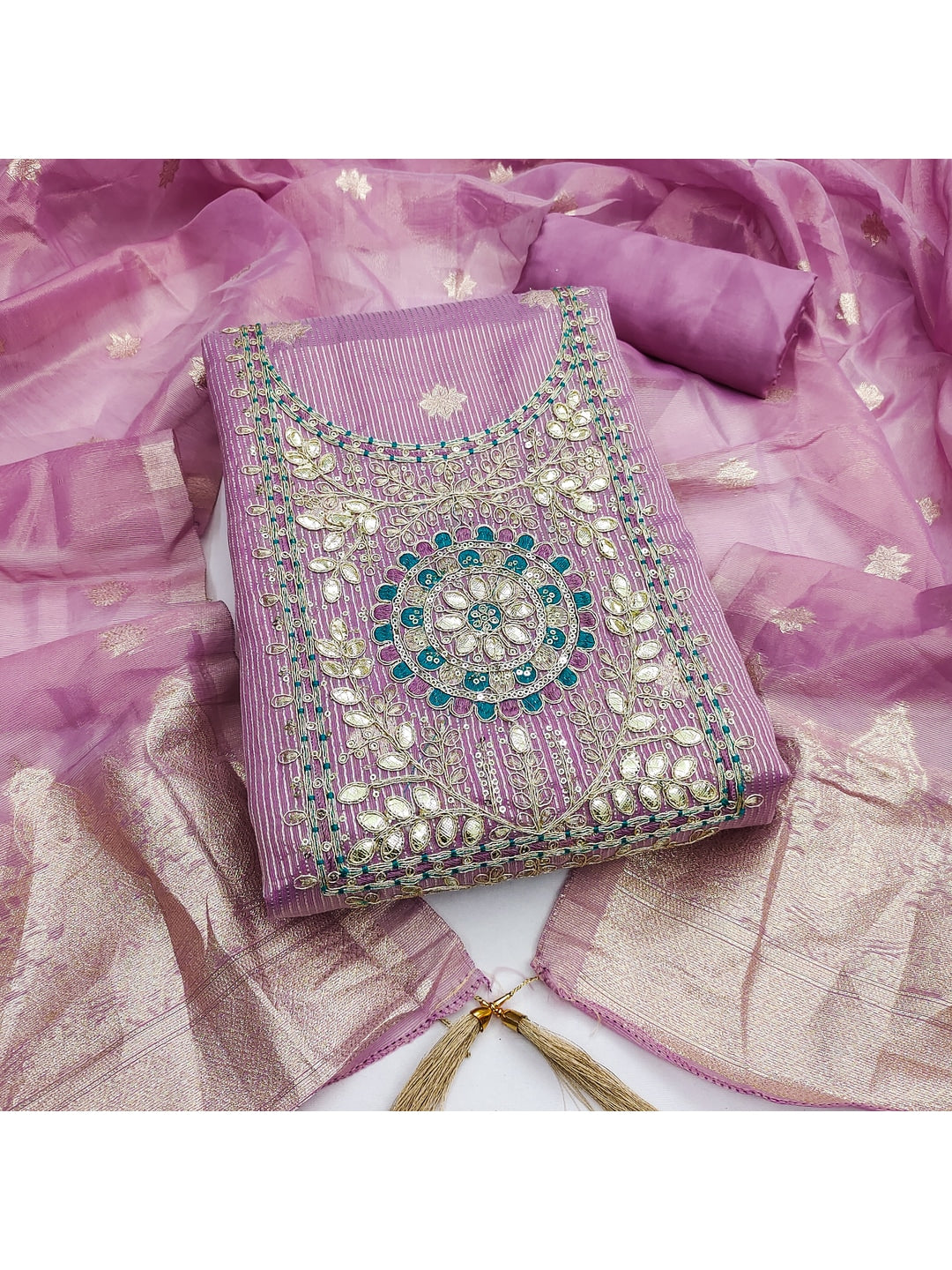 Peachmode Lavender Shimmer Dress Material with Ethnic Motifs - Image 1