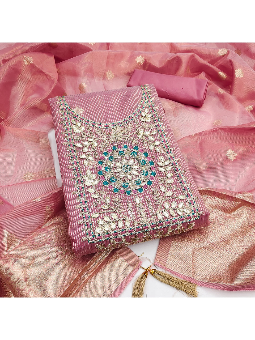 Peachmode Peach Shimmer Dress Material with Ethnic Motifs - Image 1