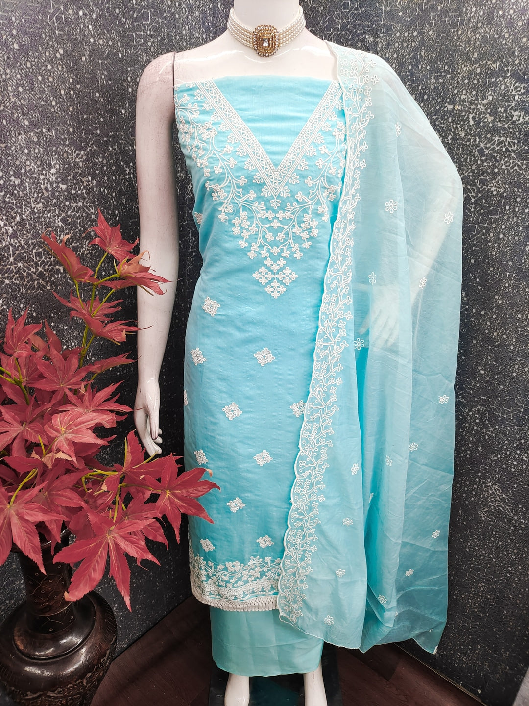 Peachmode Turquoise Chanderi Cotton Dress Material with Ethnic Motifs - Image 2