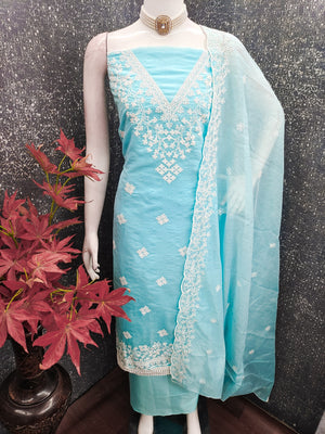 Peachmode Turquoise Chanderi Cotton Dress Material with Ethnic Motifs - Image 2