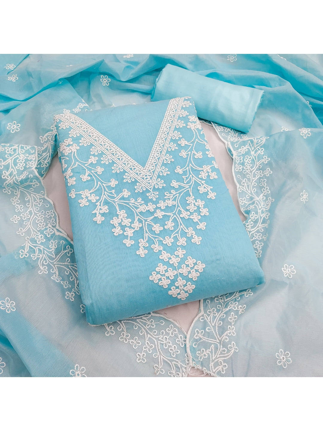 Peachmode Turquoise Chanderi Cotton Dress Material with Ethnic Motifs - Image 1