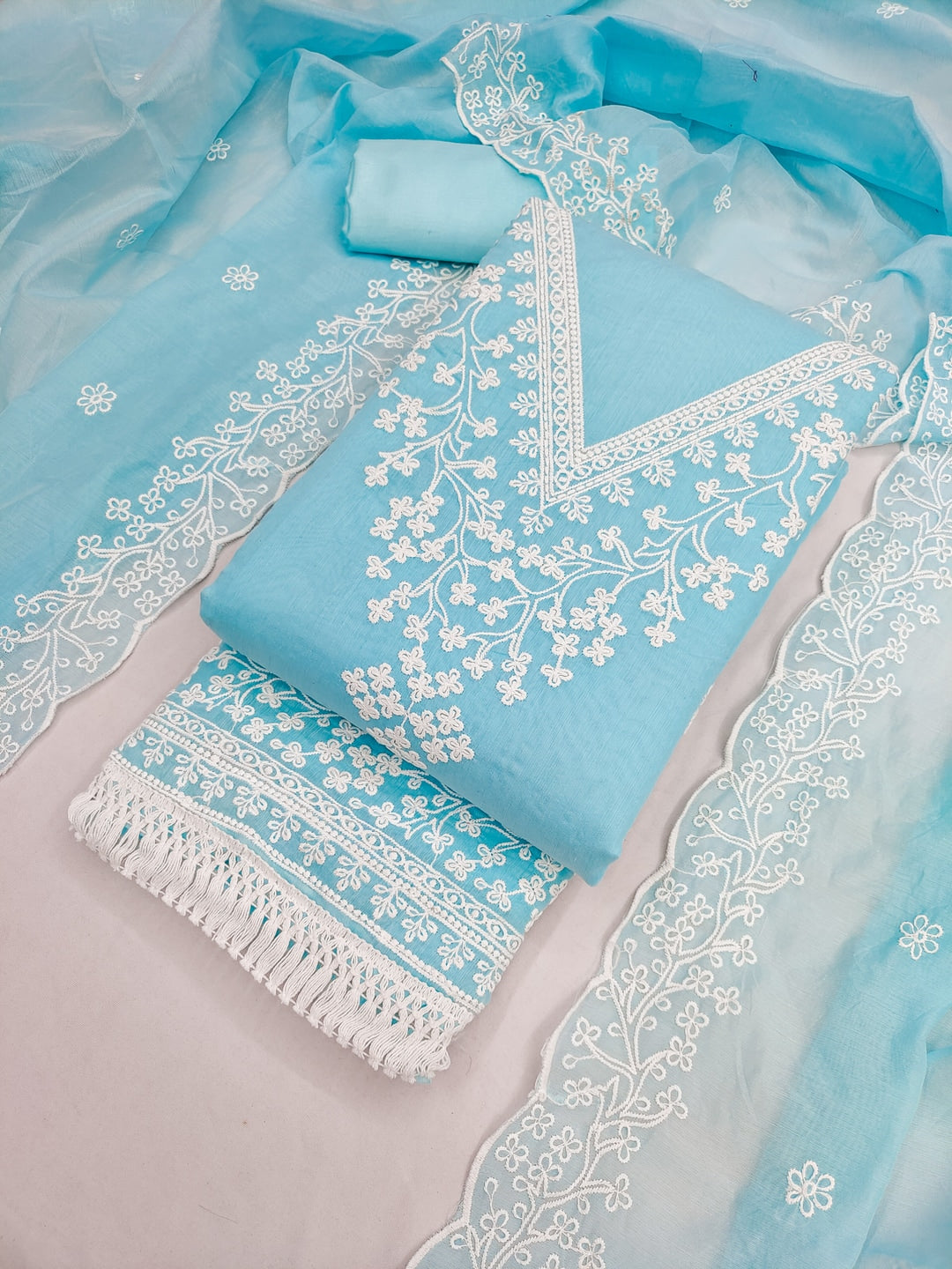Peachmode Turquoise Chanderi Cotton Dress Material with Ethnic Motifs - Image 5