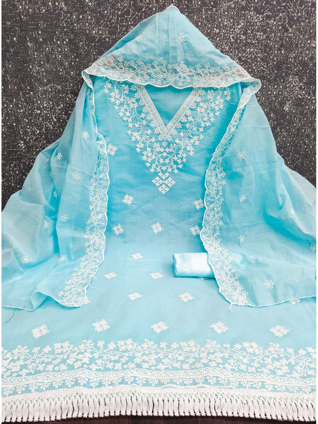 Peachmode Turquoise Chanderi Cotton Dress Material with Ethnic Motifs - Image 6