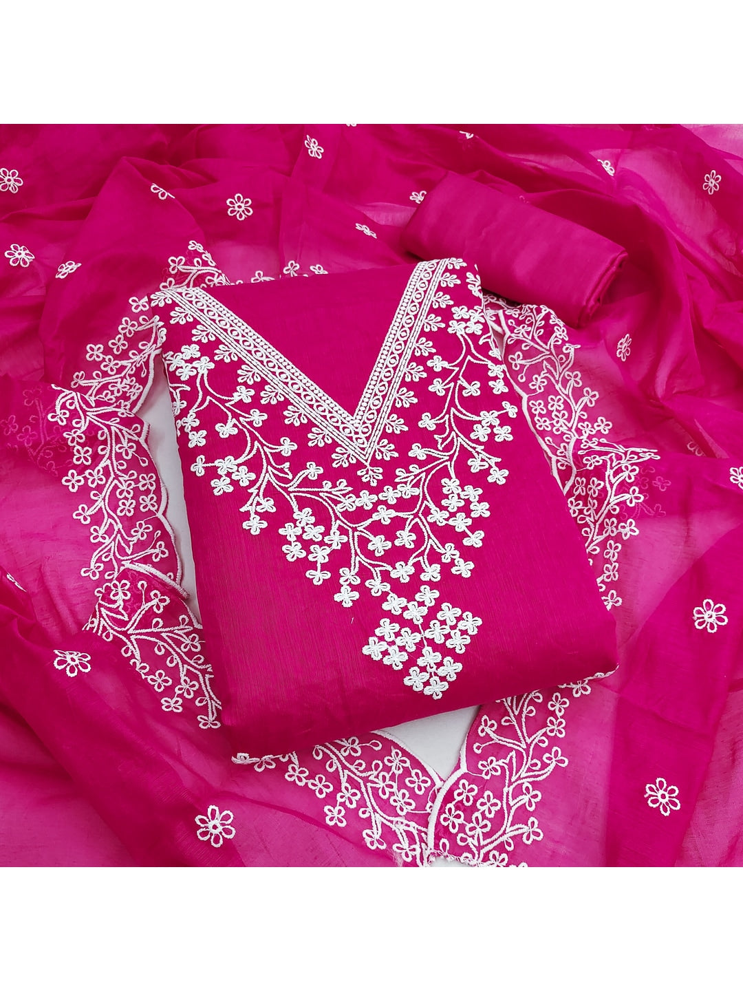Peachmode Magenta Chanderi Cotton Dress Material with Ethnic Motifs - Image 1