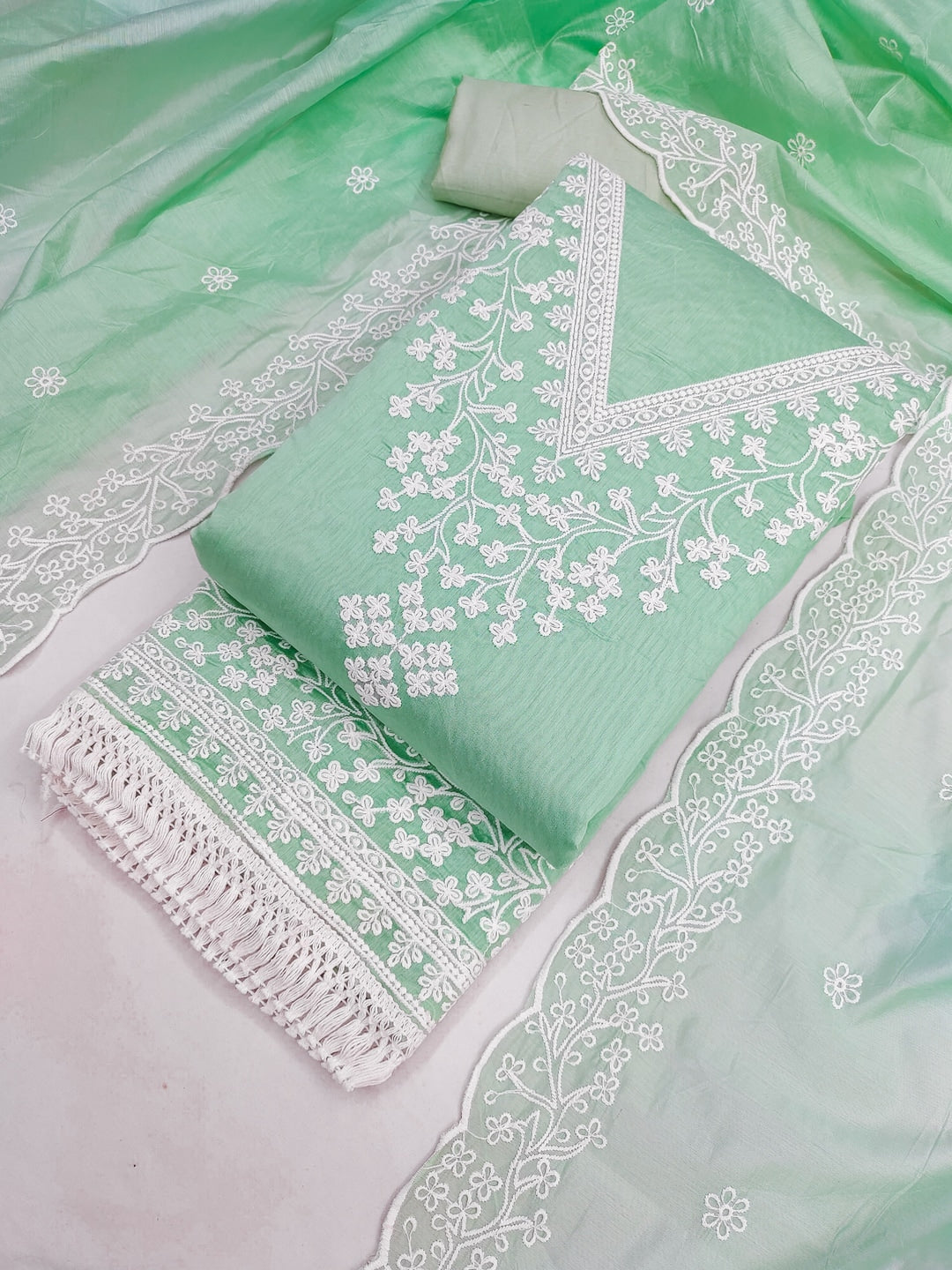Peachmode Sea Green Chanderi Cotton Dress Material with Ethnic Motifs - Image 1
