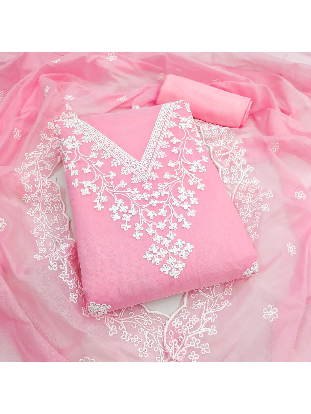 Peachmode Pink Chanderi Cotton Dress Material with Ethnic Motifs - Image 1