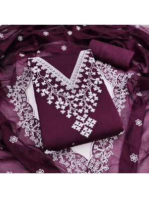 Peachmode Wine Chanderi Cotton Dress Material with Ethnic Motifs - Image 1