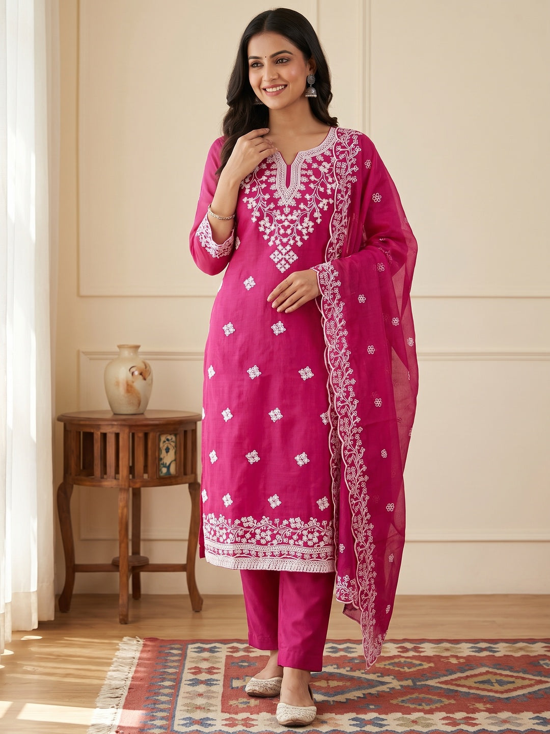 Peachmode Magenta Chanderi Cotton Dress Material with Ethnic Motifs - Image 1