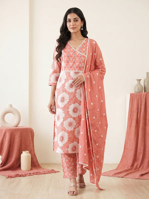 Peach Cotton Floral Printed Salwar Suit Set - Image 1