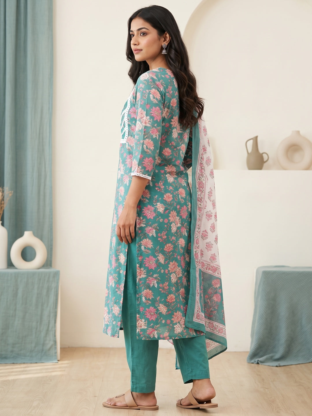 Rama Green Cotton Floral Printed Salwar Suit Set - Image 3