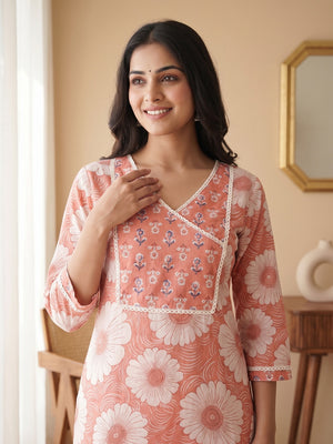 Peach Cotton Floral Printed Salwar Suit Set - Image 2