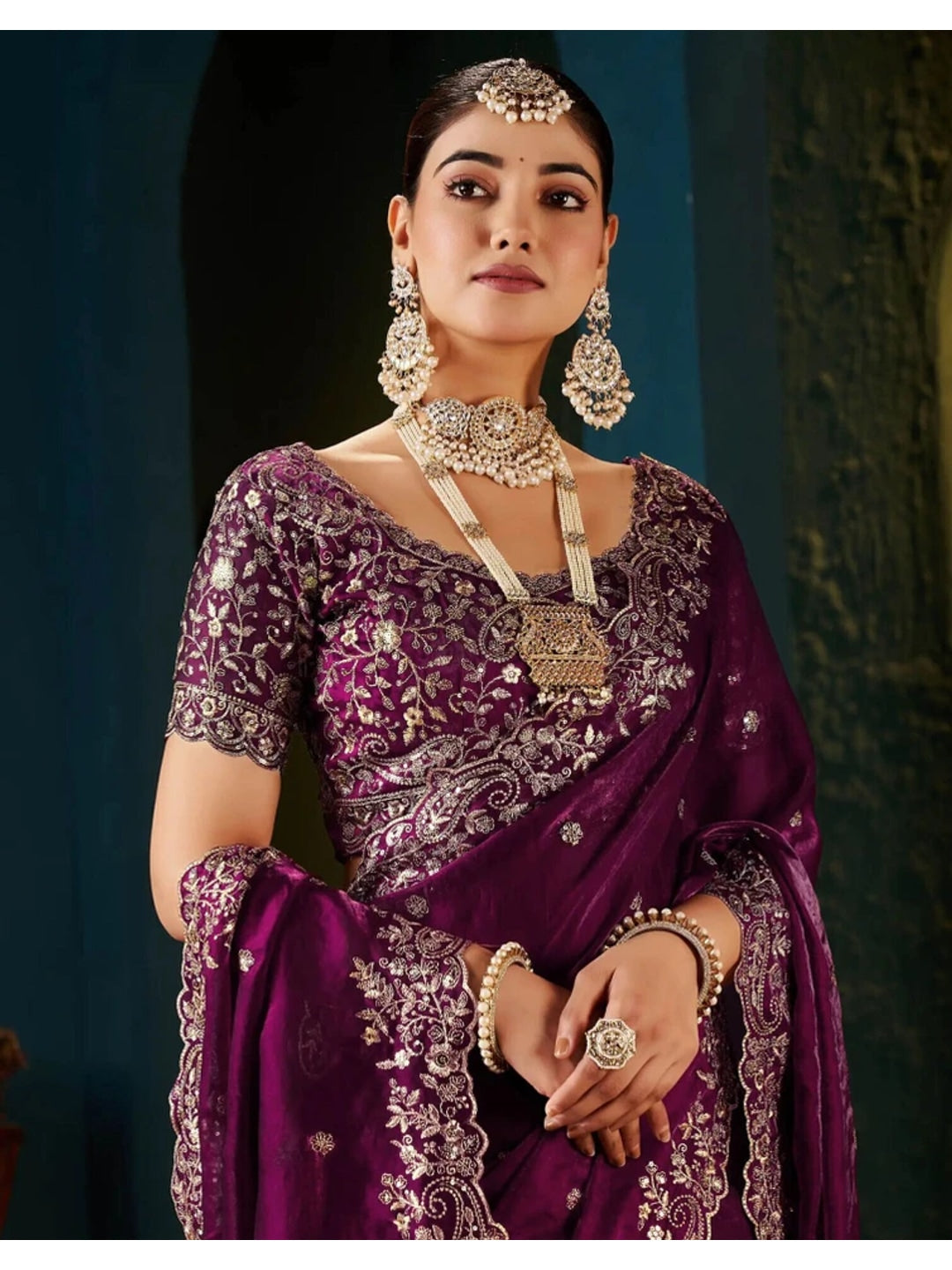 Peachmode Magenta Fendi Satin Embroidered Saree - Image 2