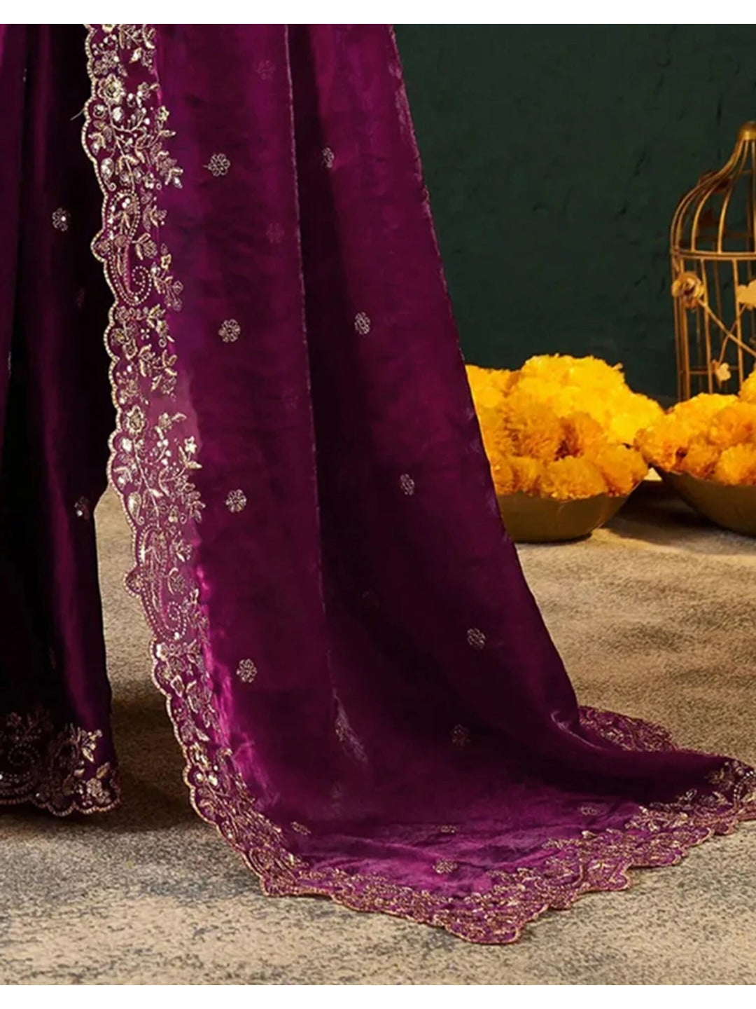 Peachmode Magenta Fendi Satin Embroidered Saree - Image 3