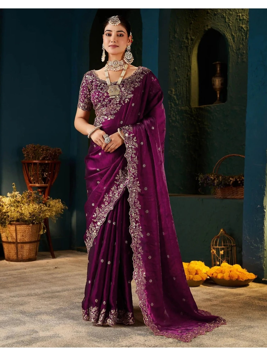Peachmode Magenta Fendi Satin Embroidered Saree - Image 5