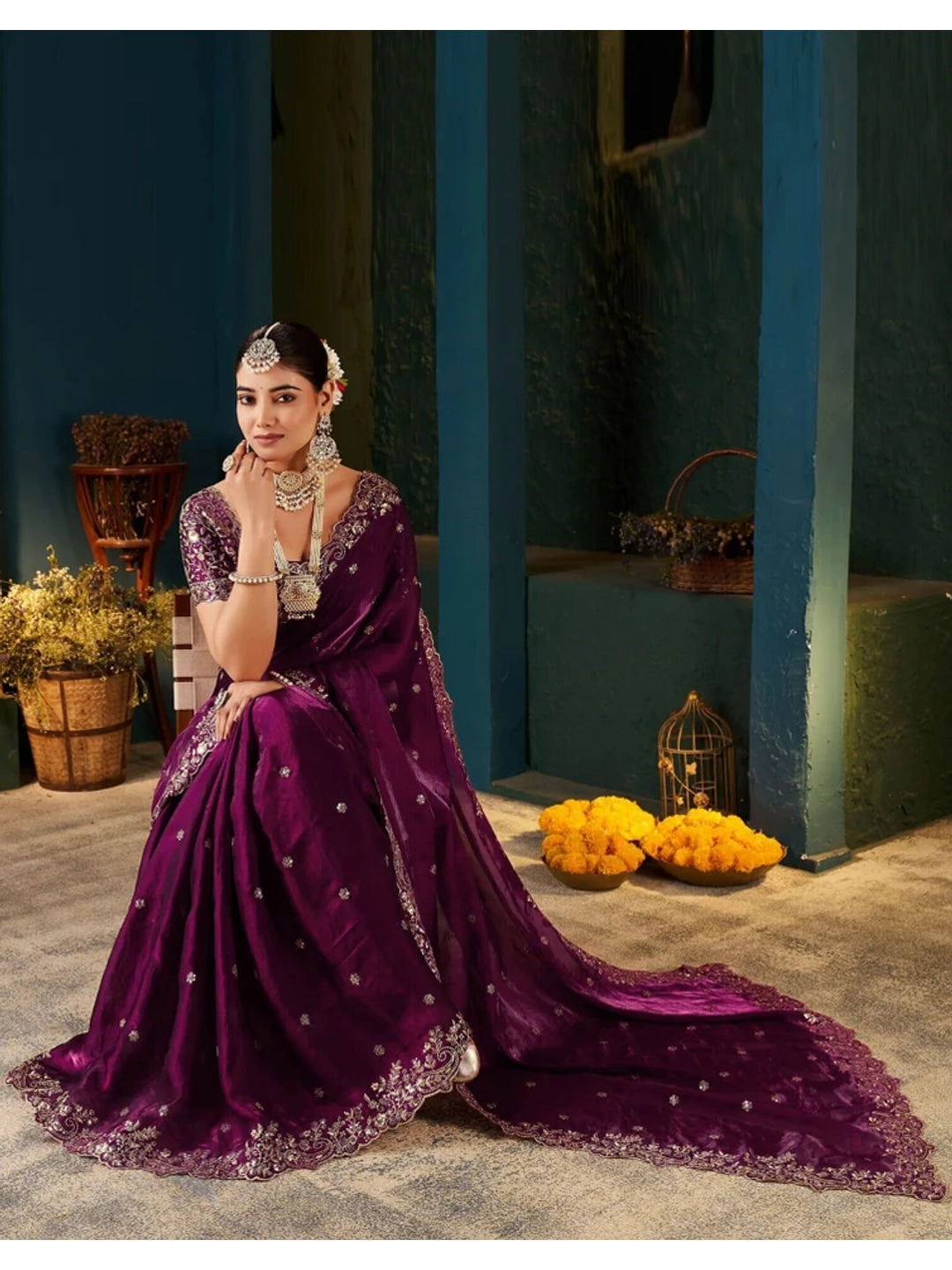 Peachmode Magenta Fendi Satin Embroidered Saree - Image 7