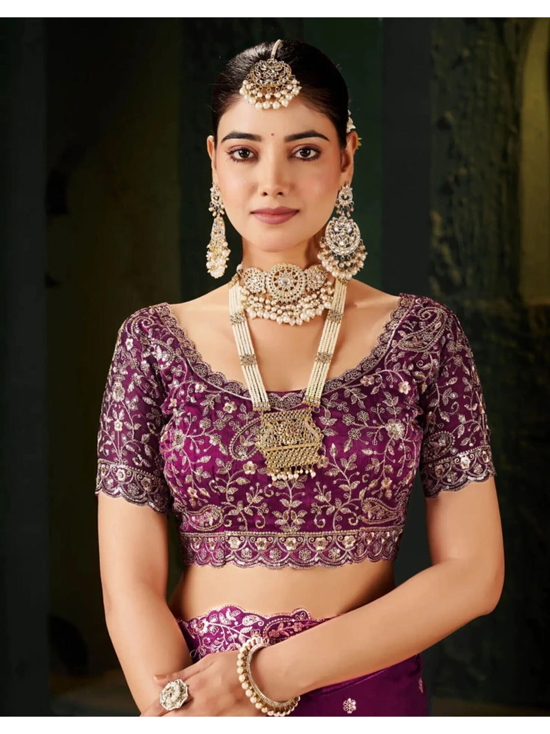 Peachmode Magenta Fendi Satin Embroidered Saree - Image 8