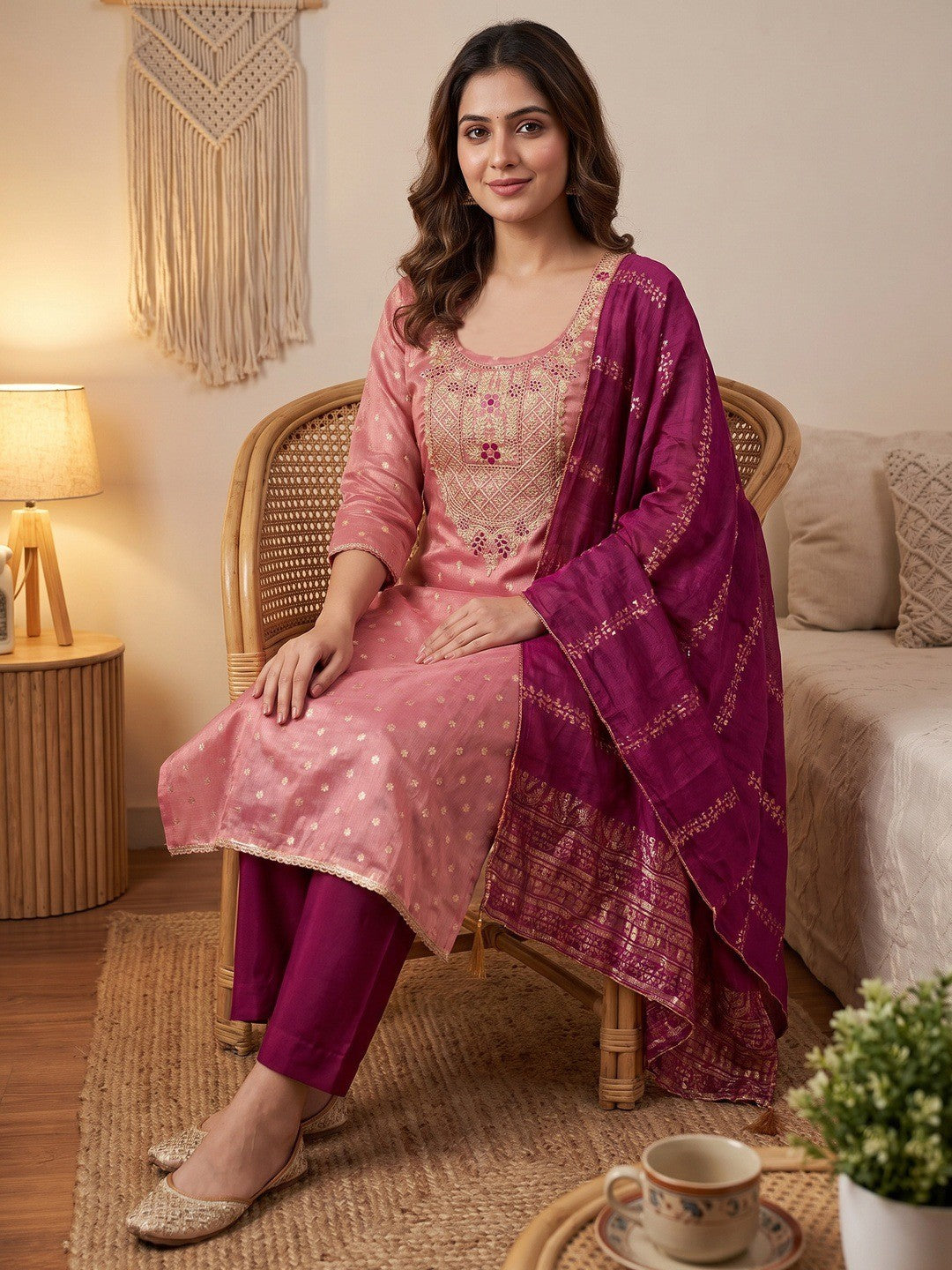 Peachmode Pink Shimmer Dress Material with Ethnic Motifs - Image 1