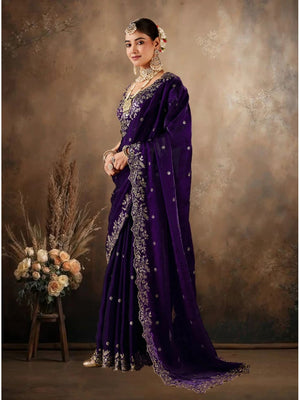 Peachmode Purple Fendi Satin Embroidered Saree - Image 2