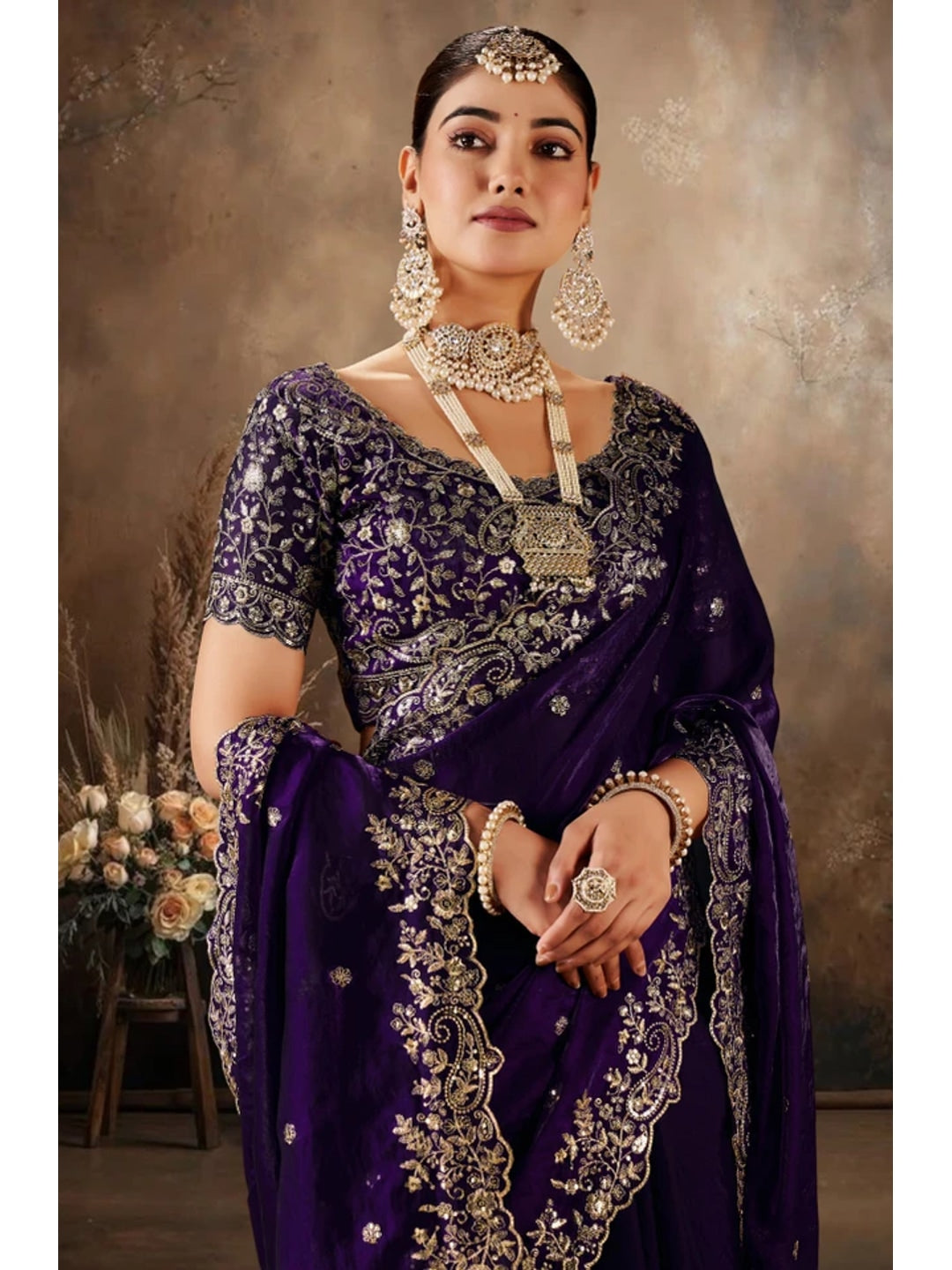 Peachmode Purple Fendi Satin Embroidered Saree - Image 3