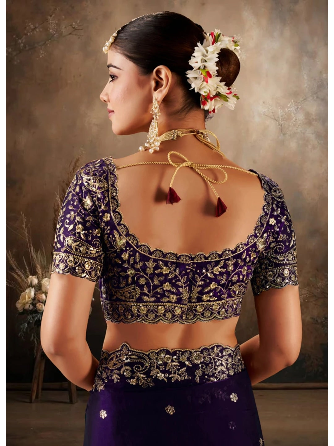 Peachmode Purple Fendi Satin Embroidered Saree - Image 7