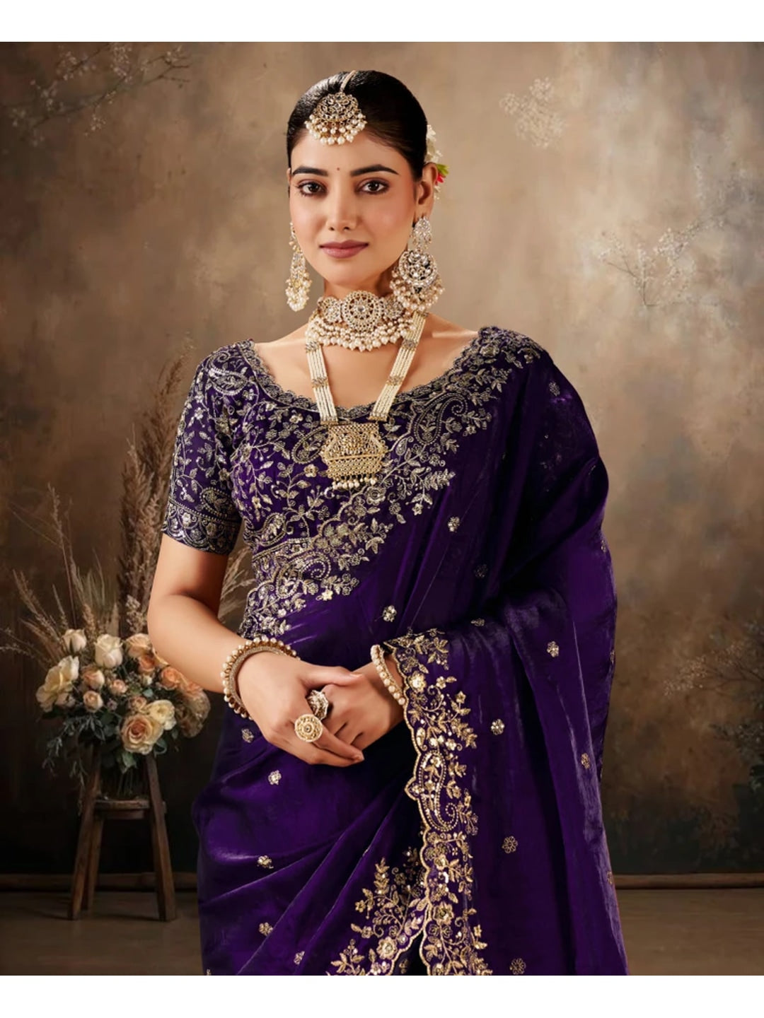 Peachmode Purple Fendi Satin Embroidered Saree - Image 8