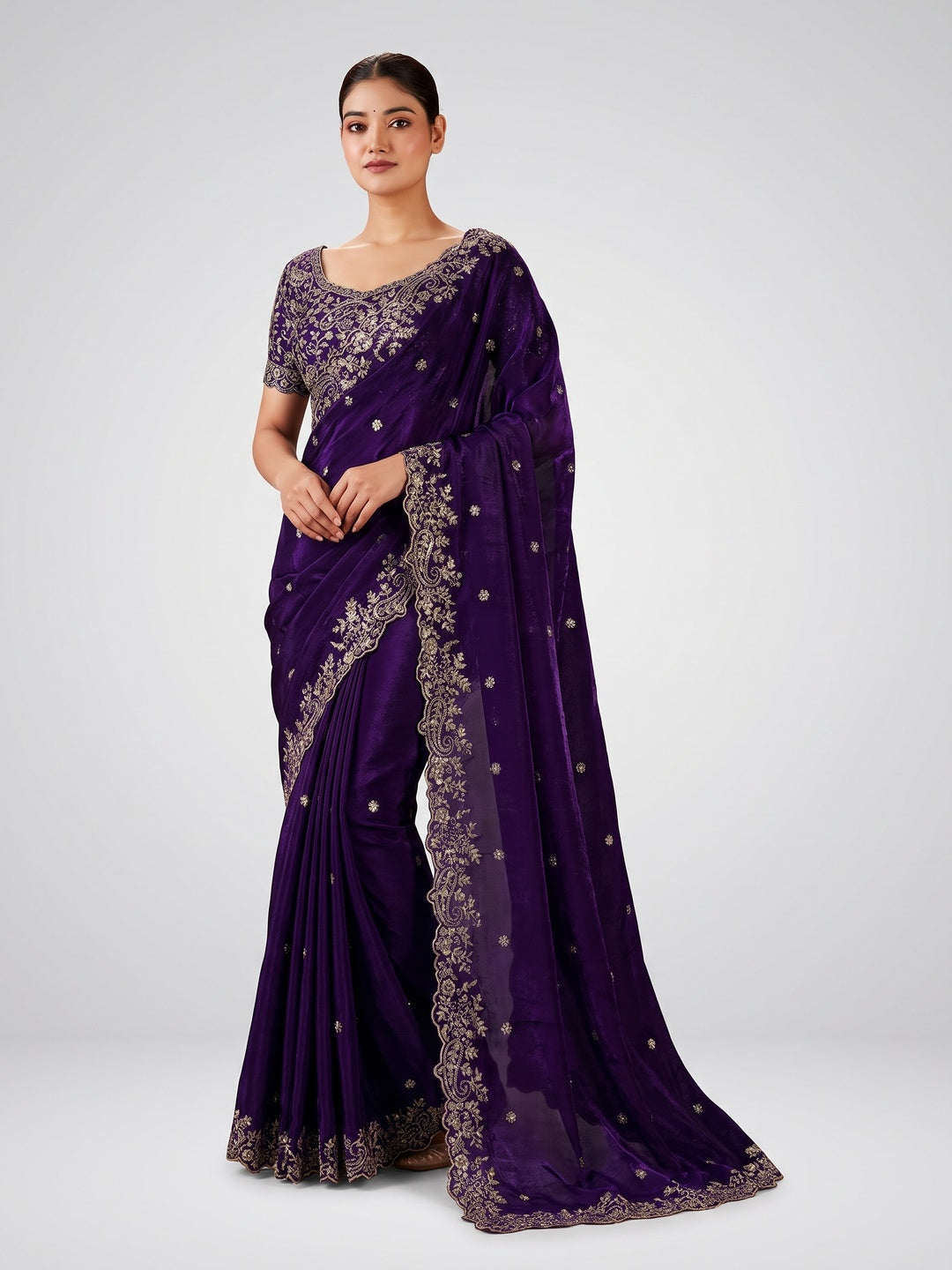Peachmode Purple Fendi Satin Embroidered Saree - Image 1