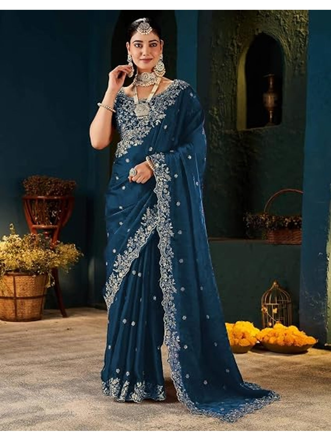 Peachmode Blue Fendi Satin Embroidered Saree - Image 3