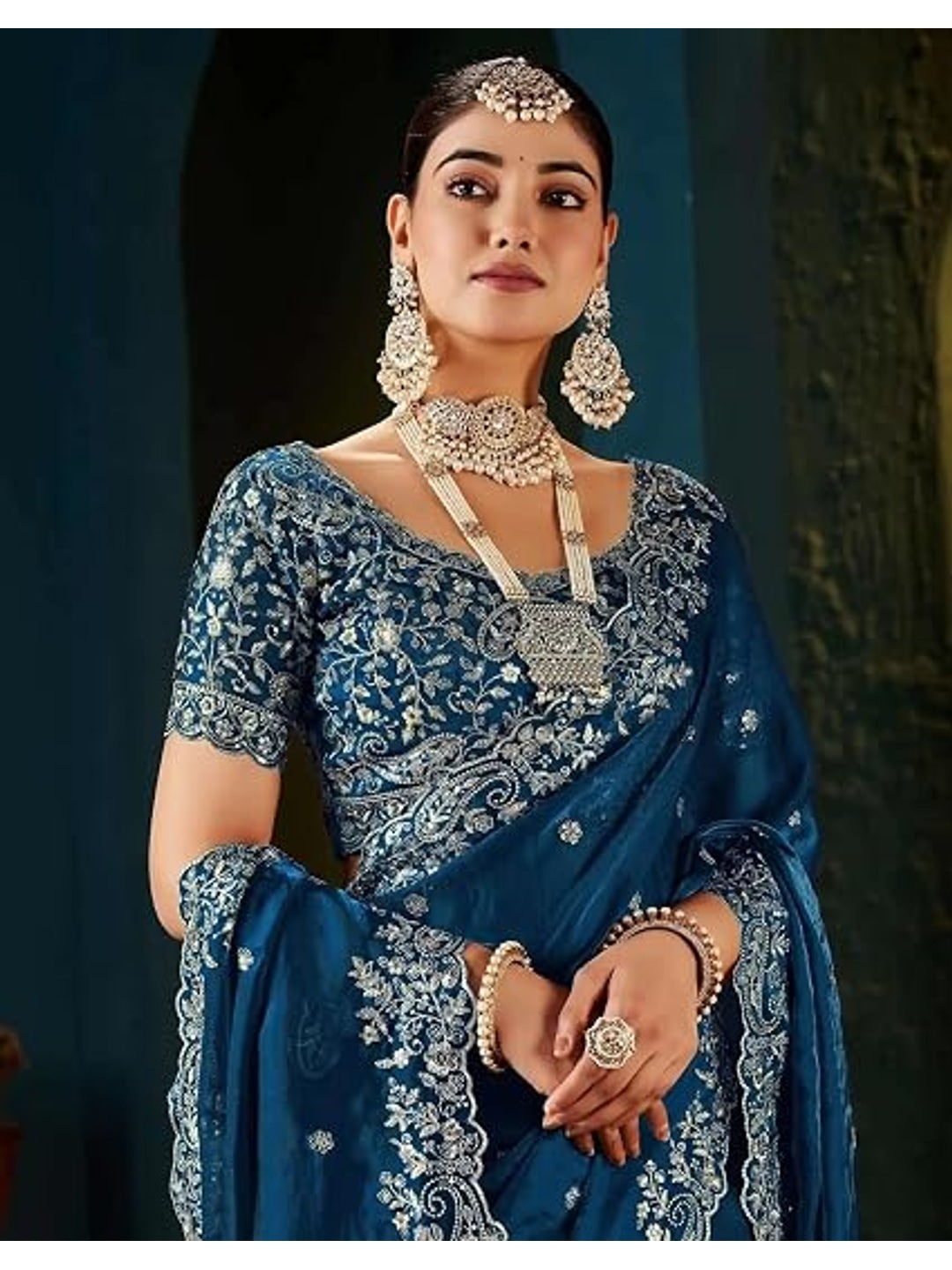 Peachmode Blue Fendi Satin Embroidered Saree - Image 4