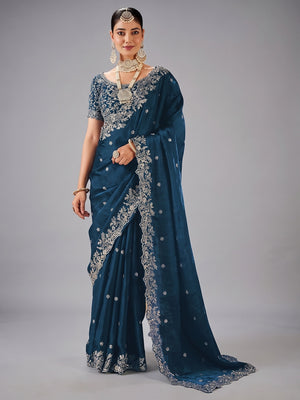Peachmode Blue Fendi Satin Embroidered Saree - Image 1
