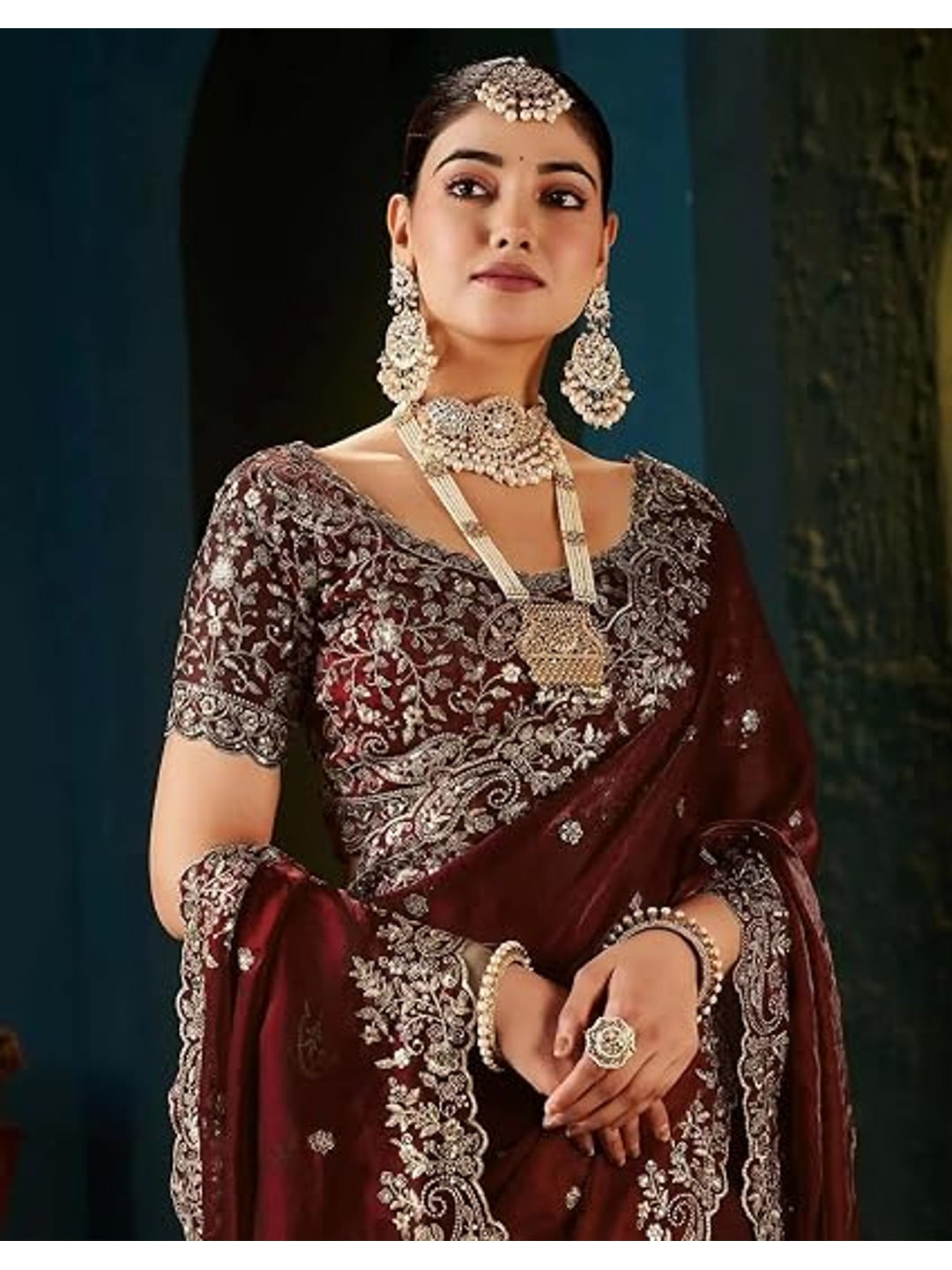 Peachmode Brown Fendi Satin Embroidered Saree - Image 7