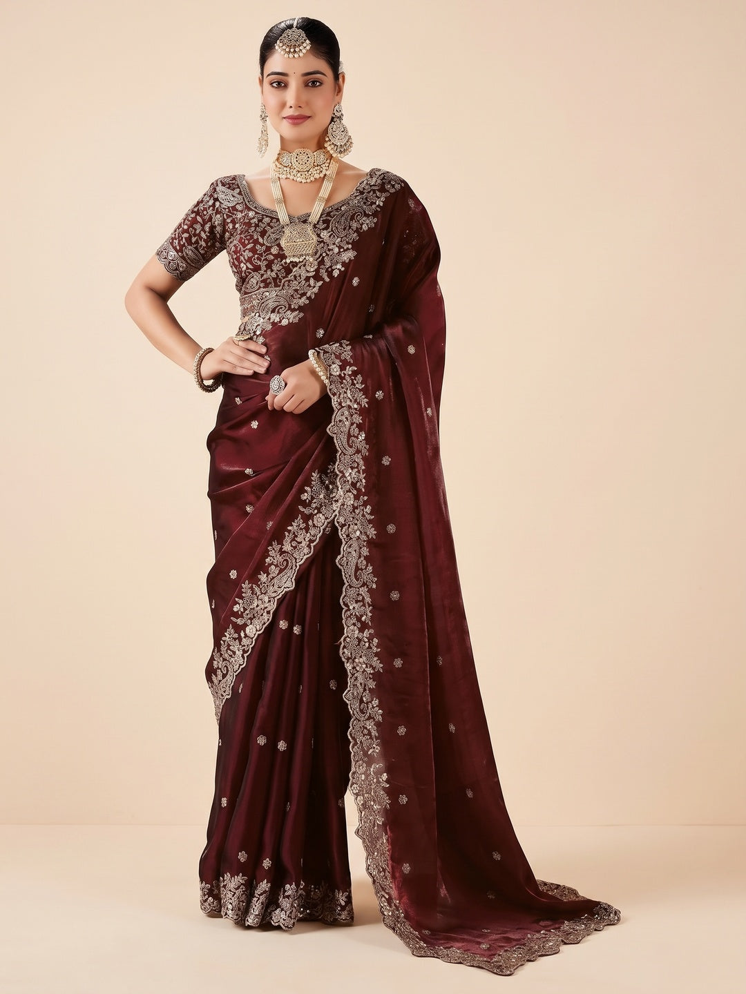Peachmode Brown Fendi Satin Embroidered Saree - Image 1