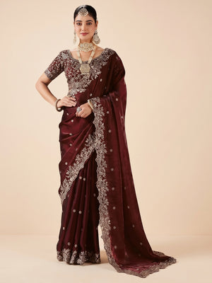 Peachmode Brown Fendi Satin Embroidered Saree - Image 1