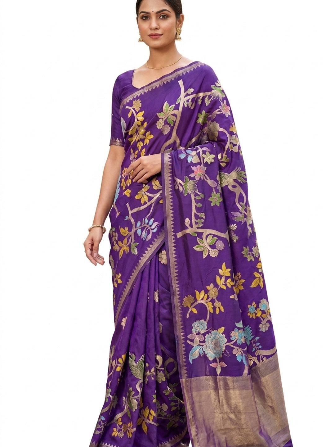 Peachmode Purple Crepe Khadi Silk Bird Motif Saree - Image 6