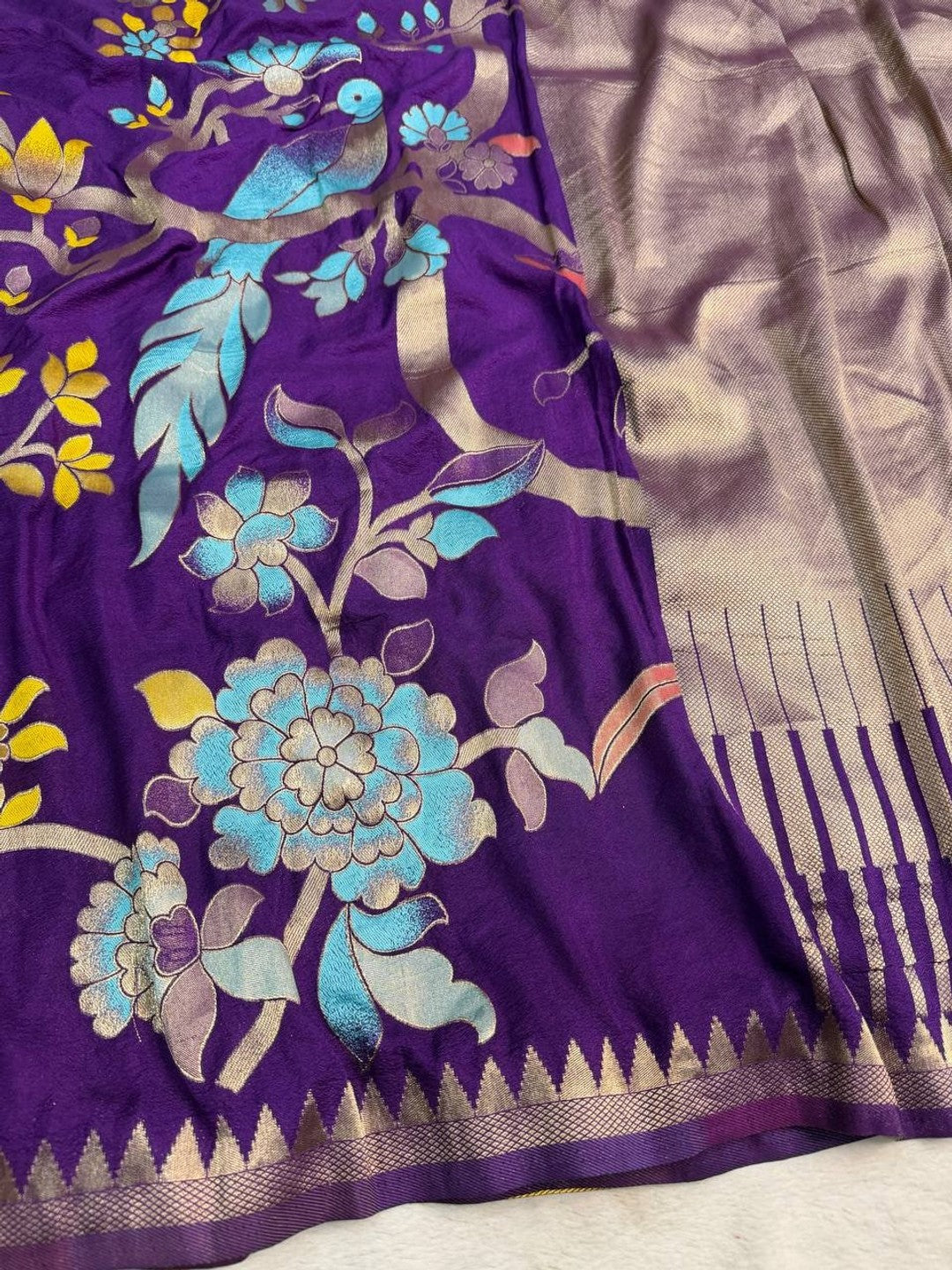 Peachmode Purple Crepe Khadi Silk Bird Motif Saree - Image 3