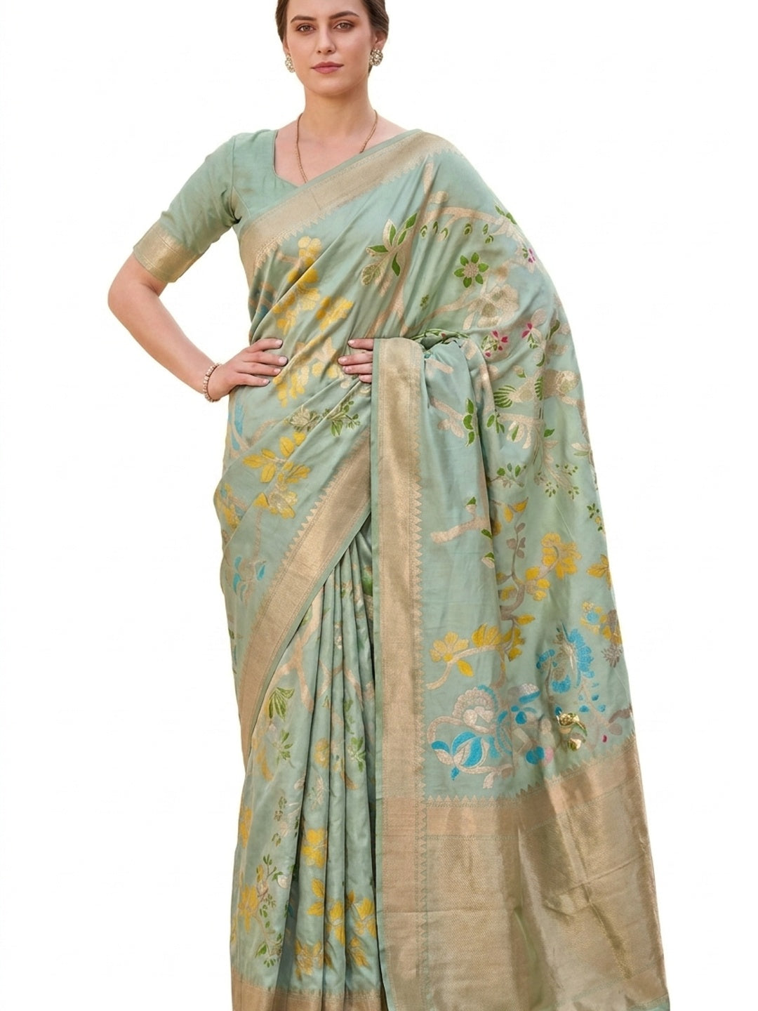 Peachmode Sea Green Crepe Khadi Silk Bird Motif Saree - Image 6