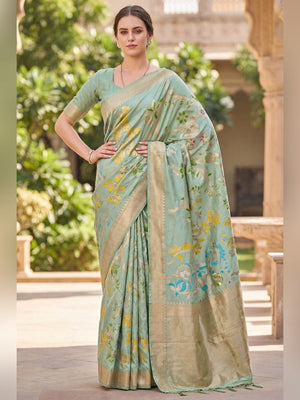 Peachmode Sea Green Crepe Khadi Silk Bird Motif Saree - Image 1