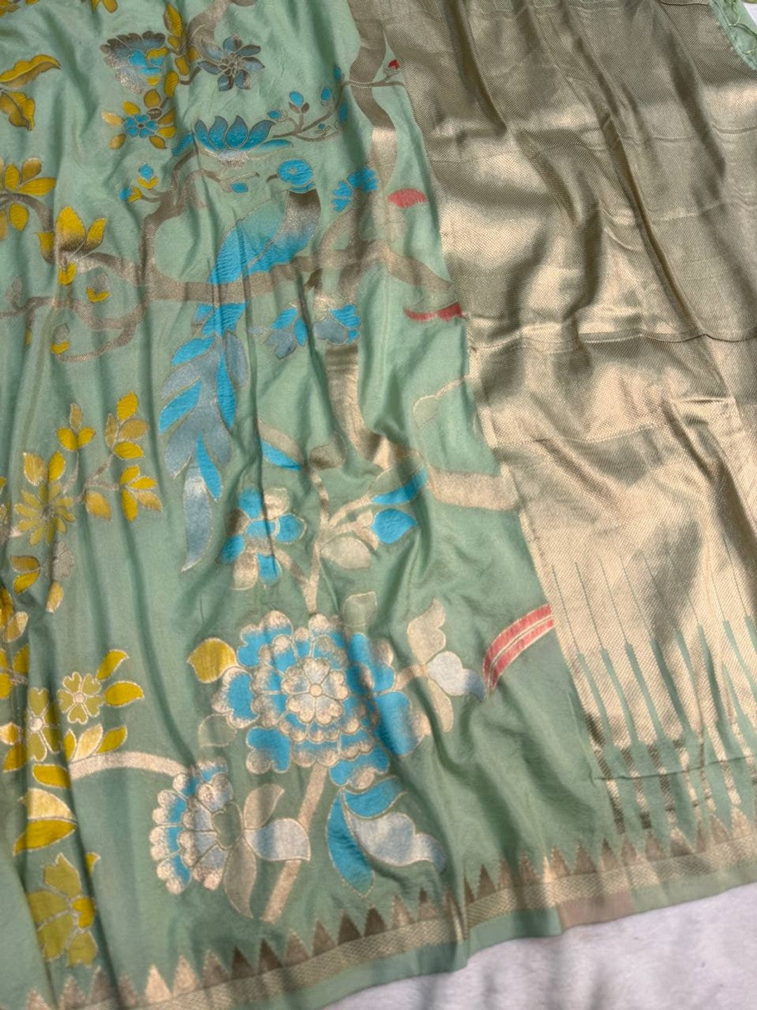 Peachmode Sea Green Crepe Khadi Silk Bird Motif Saree - Image 3