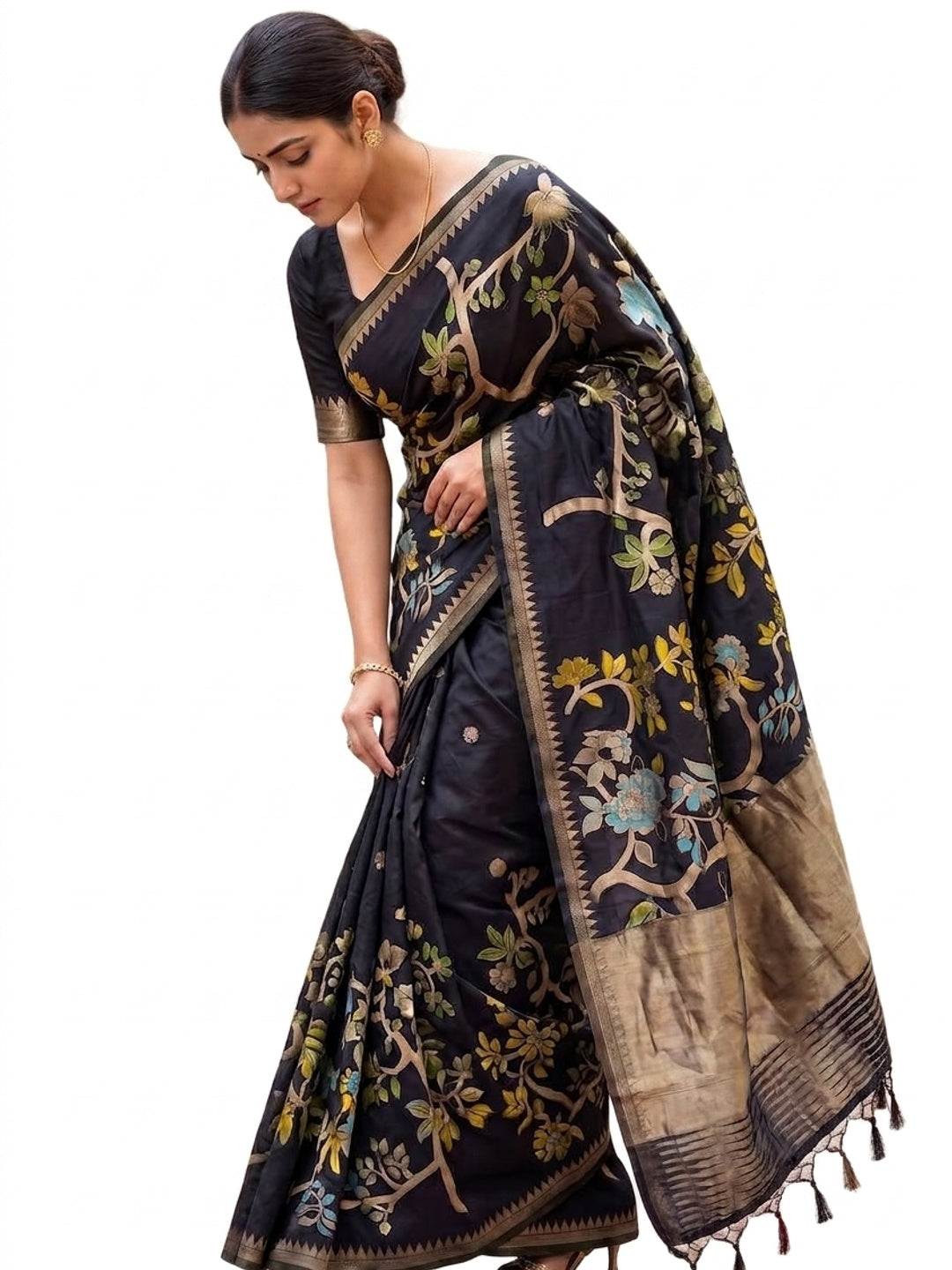 Peachmode Black Crepe Khadi Silk Bird Motif Saree - Image 9