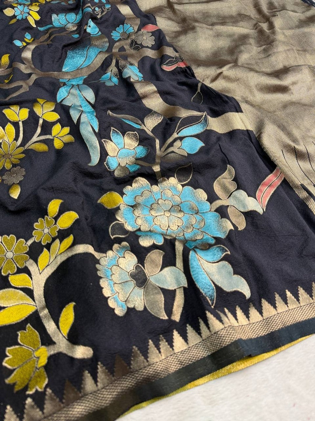 Peachmode Black Crepe Khadi Silk Bird Motif Saree - Image 6