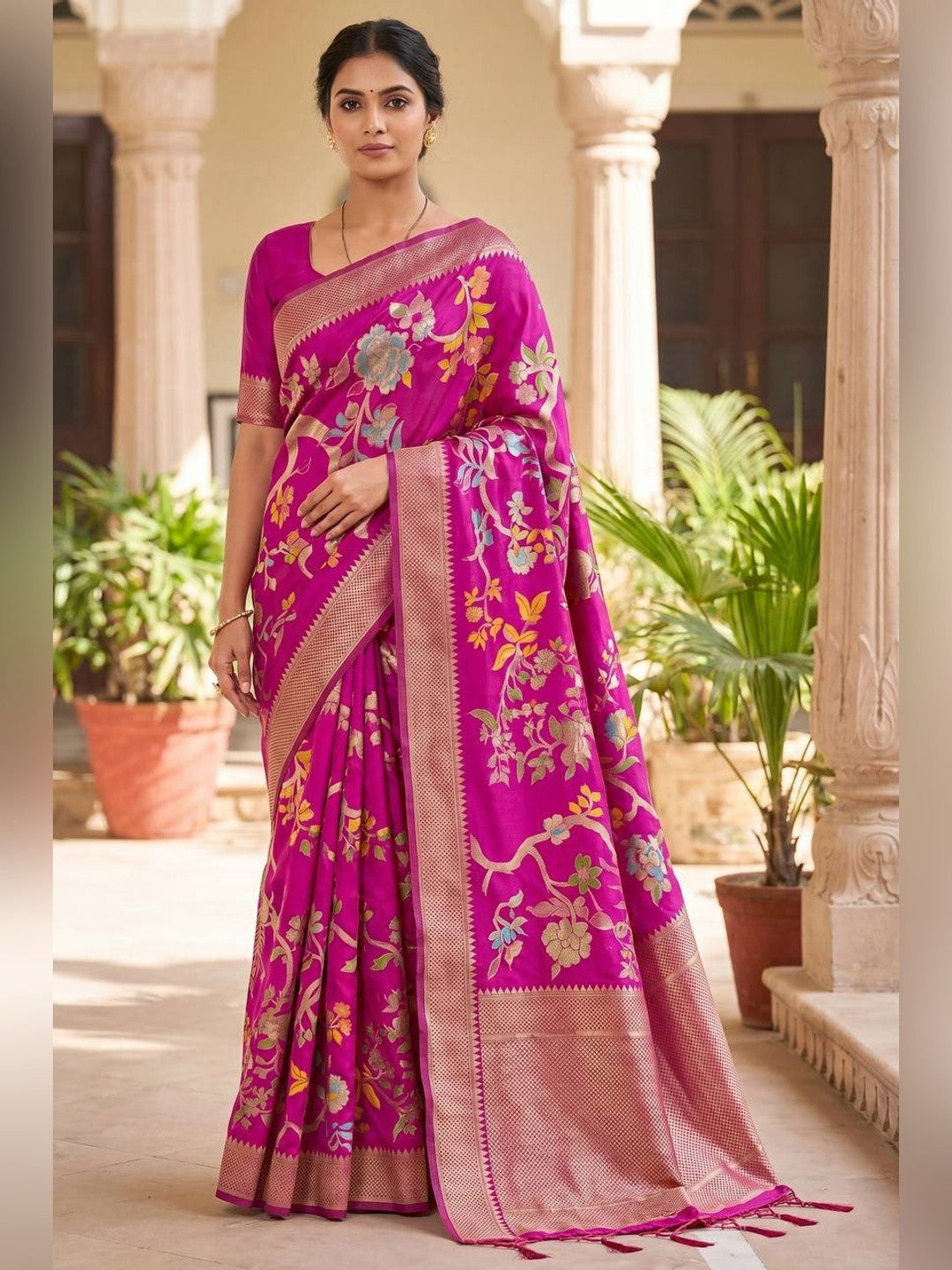 Peachmode Pink Crepe Khadi Silk Bird Motif Saree - Image 1