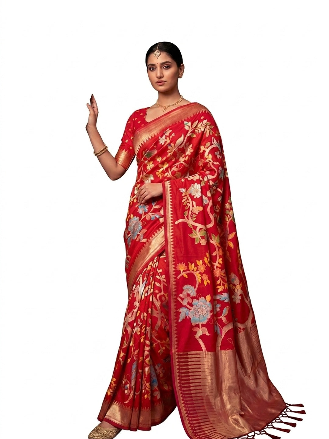 Peachmode Red Crepe Khadi Silk Bird Motif Saree - Image 11