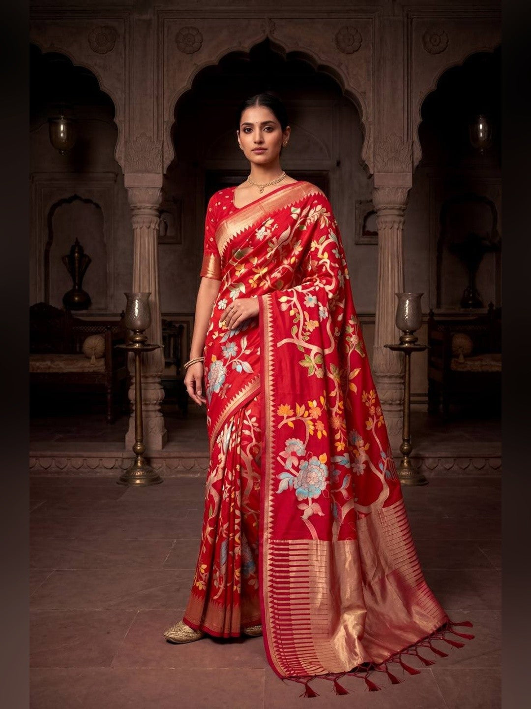 Peachmode Red Crepe Khadi Silk Bird Motif Saree - Image 6