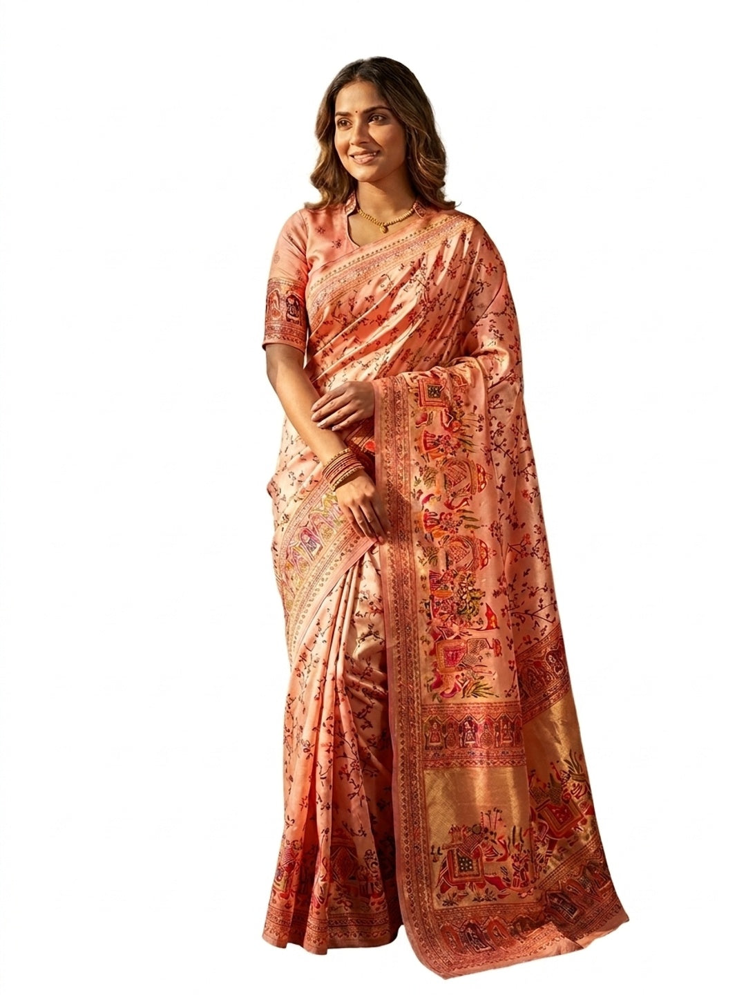 Peachmode Peach Rajwadi Pashmina Silk Woven Saree - Image 2