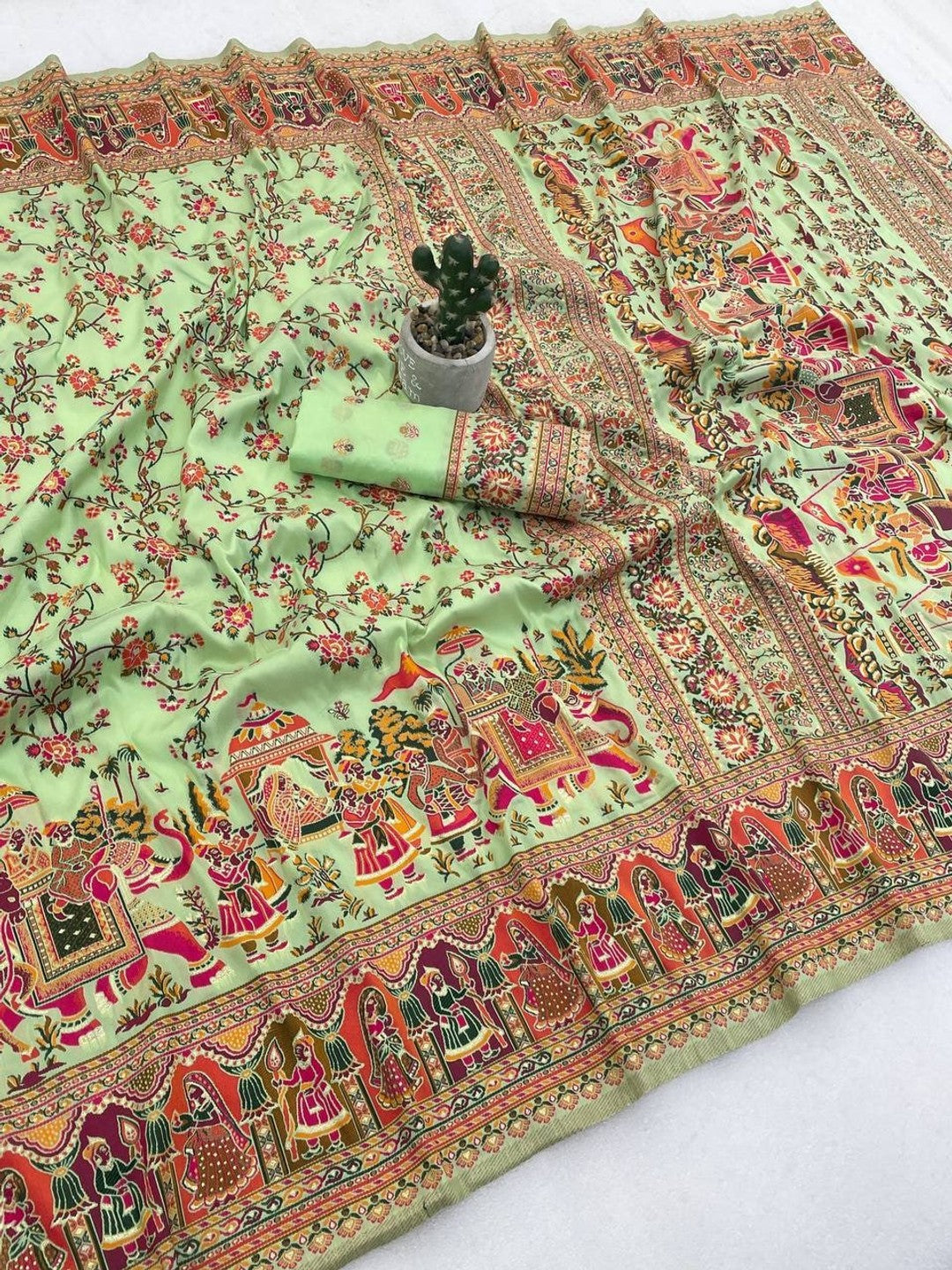 Peachmode Mint Rajwadi Pashmina Silk Woven Saree - Image 3