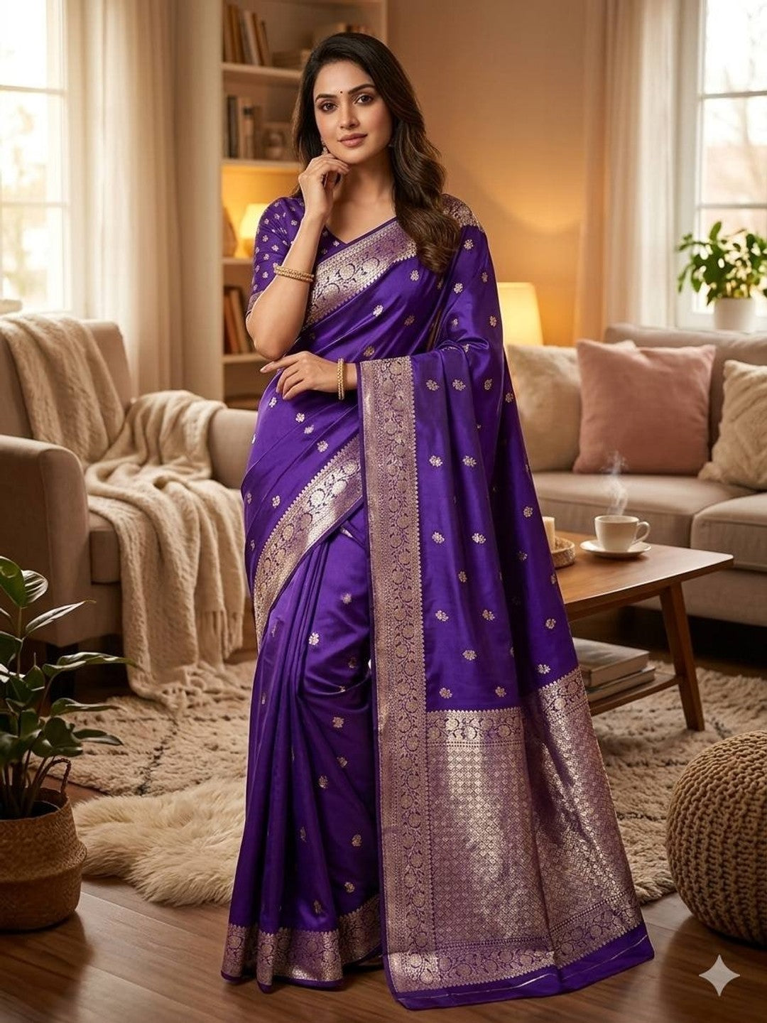 Peachmode Purple Banarasi Silk Saree - Image 1