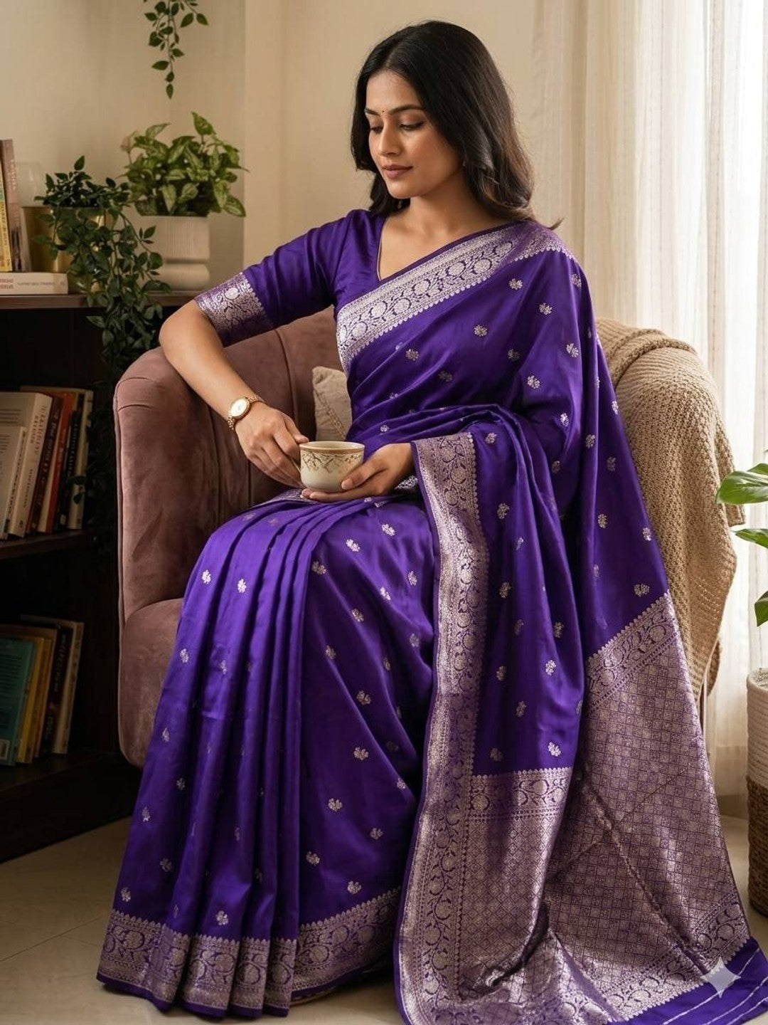 Peachmode Purple Banarasi Silk Saree - Image 12