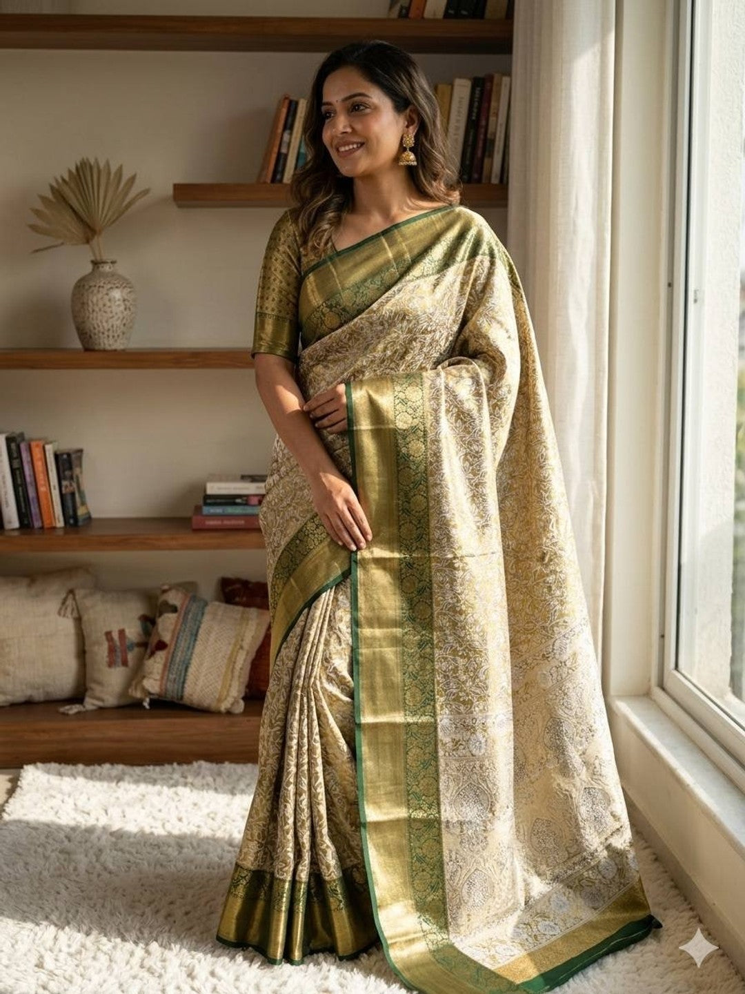 Peachmode Olive Kanjivaram Silk Zari Saree - Image 1