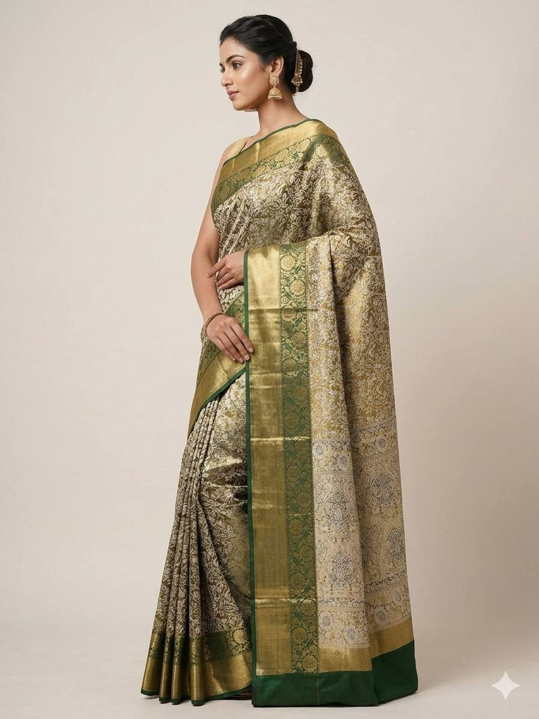 Peachmode Olive Kanjivaram Silk Zari Saree - Image 2