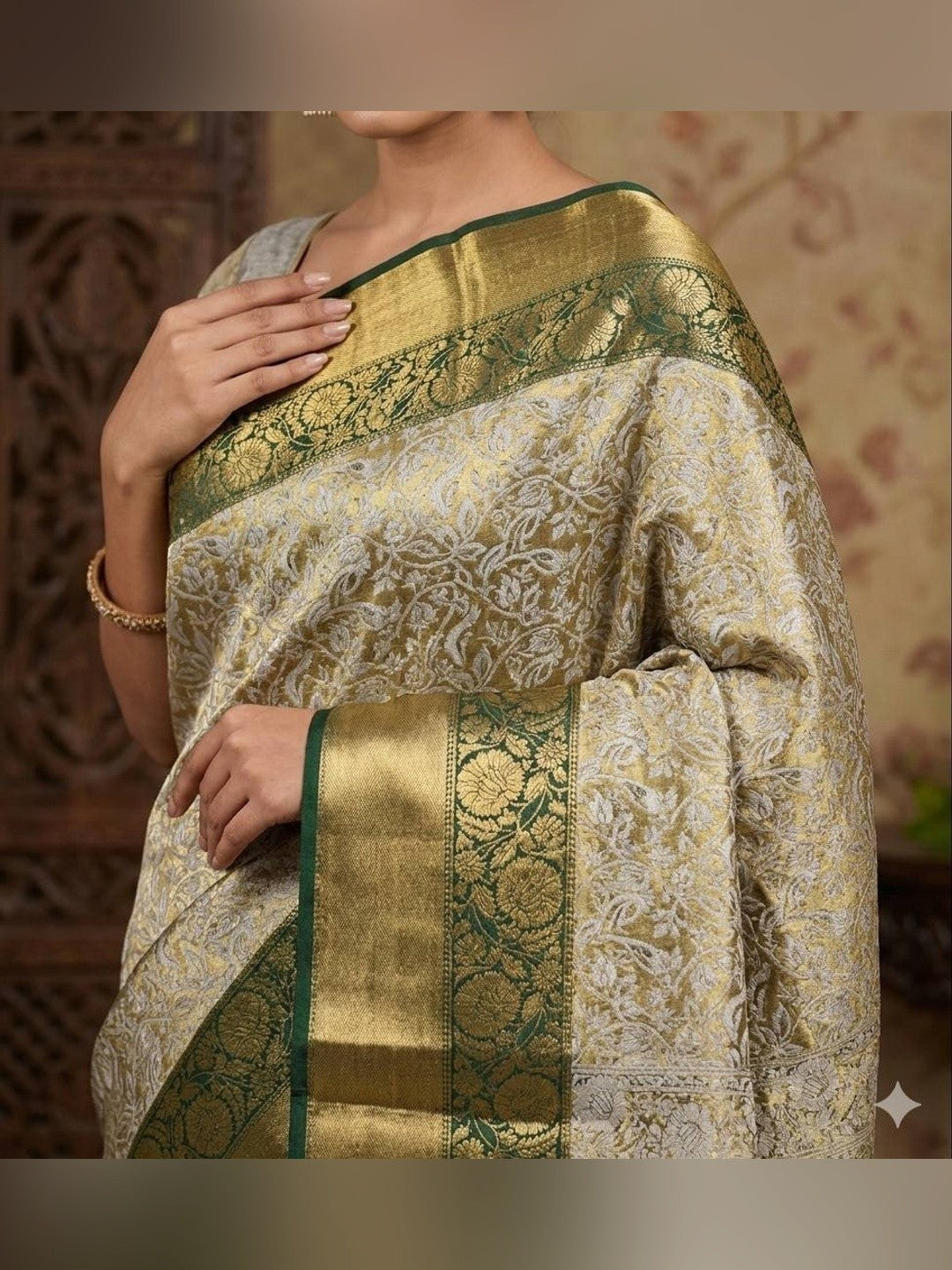 Peachmode Olive Kanjivaram Silk Zari Saree - Image 3