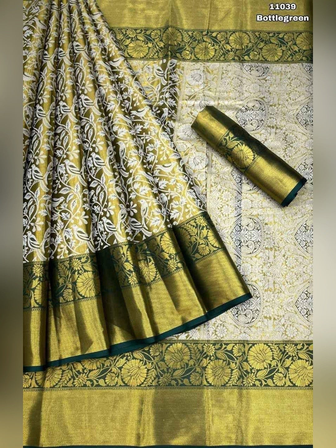 Peachmode Olive Kanjivaram Silk Zari Saree - Image 6